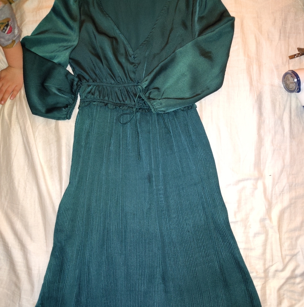 Baltic Born Teal Green Long Sleeve Pleated Midi Dress